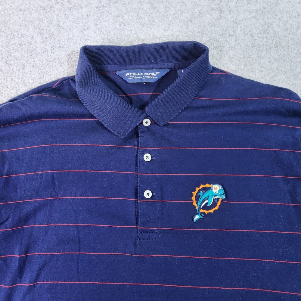 Miami Dolphins‎ Golf Polo Ralph Lauren Shirt Mens L Blue/Red Striped Pima Cotton